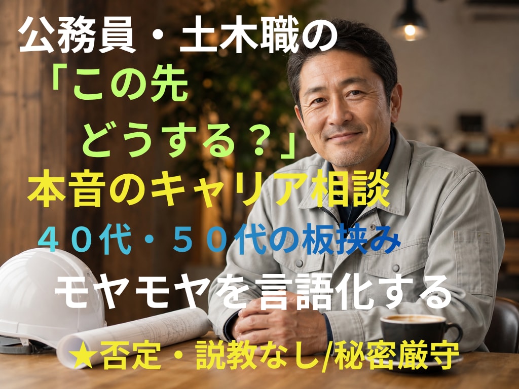 公務員・土木職のキャリアや将来の悩み、お聞きします 40〜50代特有のキャリアや将来の悩みを丁寧にお聞きします。 イメージ1