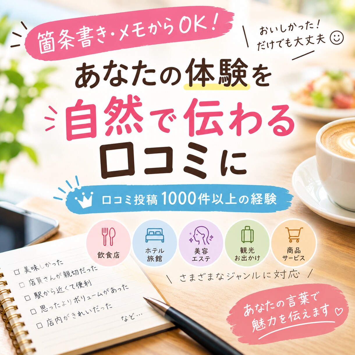 箇条書きから自然な口コミを作成します 口コミ1000件超の経験であなたの体験を自然な文章に イメージ1