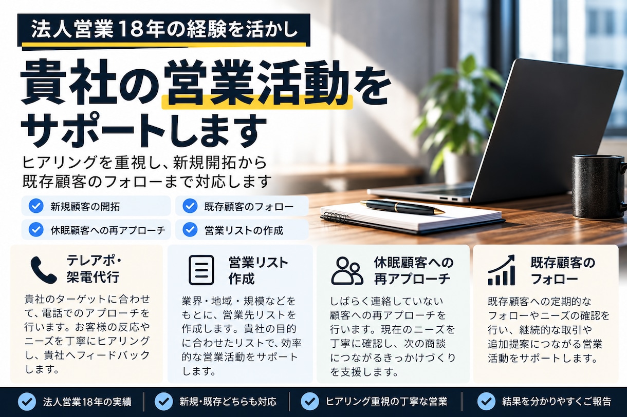 法人営業18年の経験を活かし営業支援します ヒアリング重視で新規開拓から顧客フォローまで対応 イメージ1