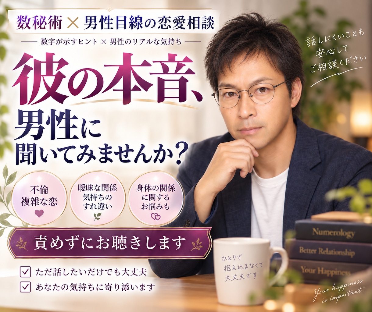 彼の本音を数秘術と男性目線で読み解きます 不倫・人に相談できない恋・身体の関係・男性目線でお答えします イメージ1