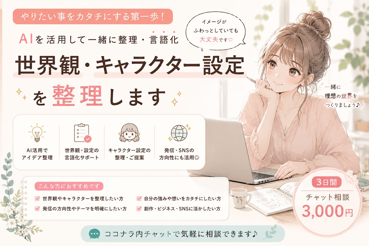 世界観・キャラクター設定を整理します AIを使って世界観づくりを一緒にサポートします イメージ1