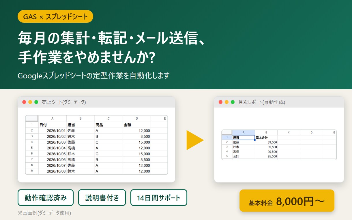 GASでスプレッドシート作業を自動化します 動作確認済みで納品・使い方の説明付き イメージ1
