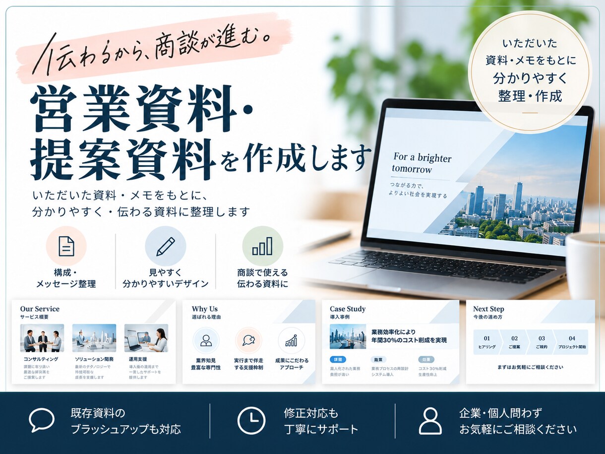 伝わる営業資料・提案資料を作成します 構成の壁打ちから資料作成まで一貫して対応 イメージ1