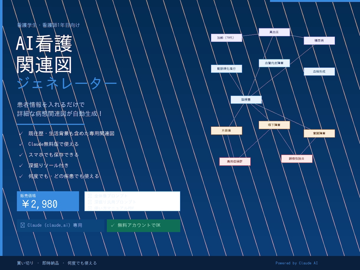 AI看護関連図を患者情報入力だけで自動生成します 患者情報を入れるだけで関連図が自動生成【Claude用】 イメージ1