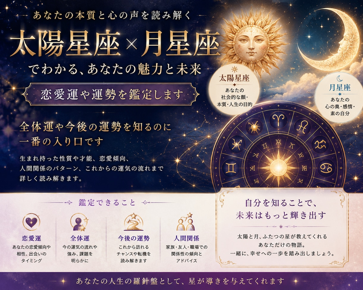 太陽星座と月星座で、恋愛運や運勢などを鑑定します 全体運や、今後の運勢をを知るのに一番の入り口です。 イメージ1