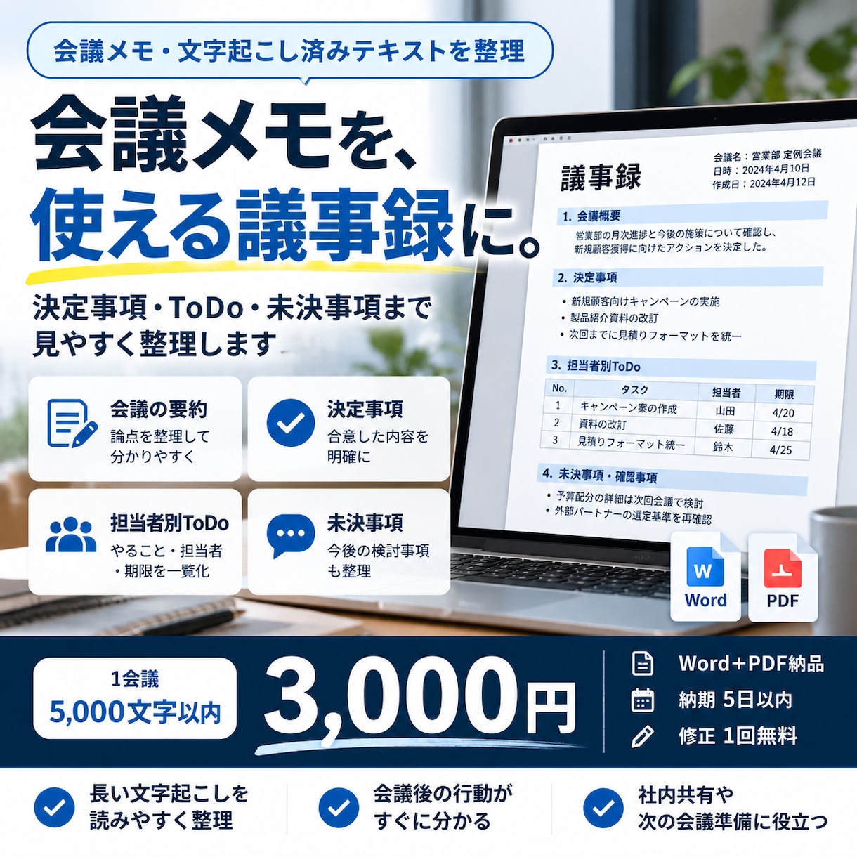 会議メモを議事録に整理しToDoもまとめます 決定事項・担当者・期限・未決事項まで見やすく整理 イメージ1