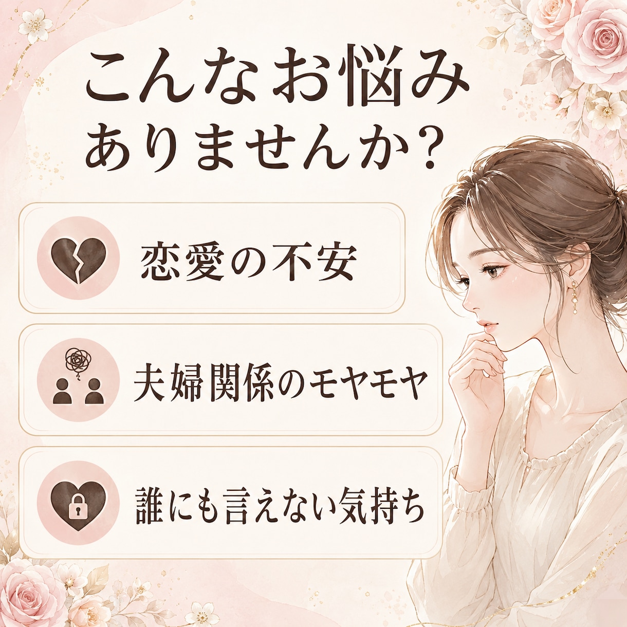 恋愛や夫婦関係のお悩みに寄り添います 誰にも言えない恋愛・夫婦のお悩みを優しく受け止めます イメージ1