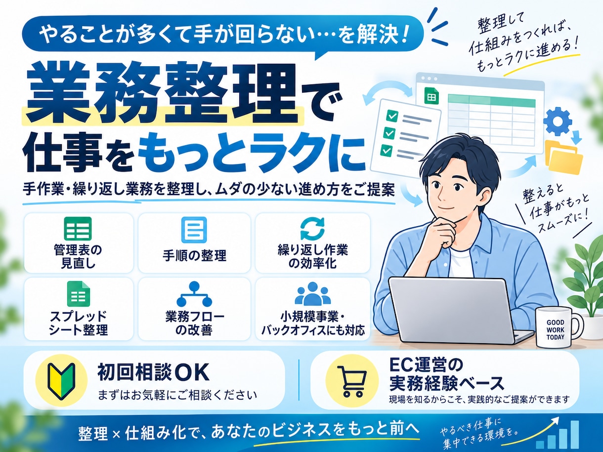 面倒な業務を整理して効率化する方法をご提案します 手作業・繰り返し業務を整理し、無理のない改善案をご提案します イメージ1