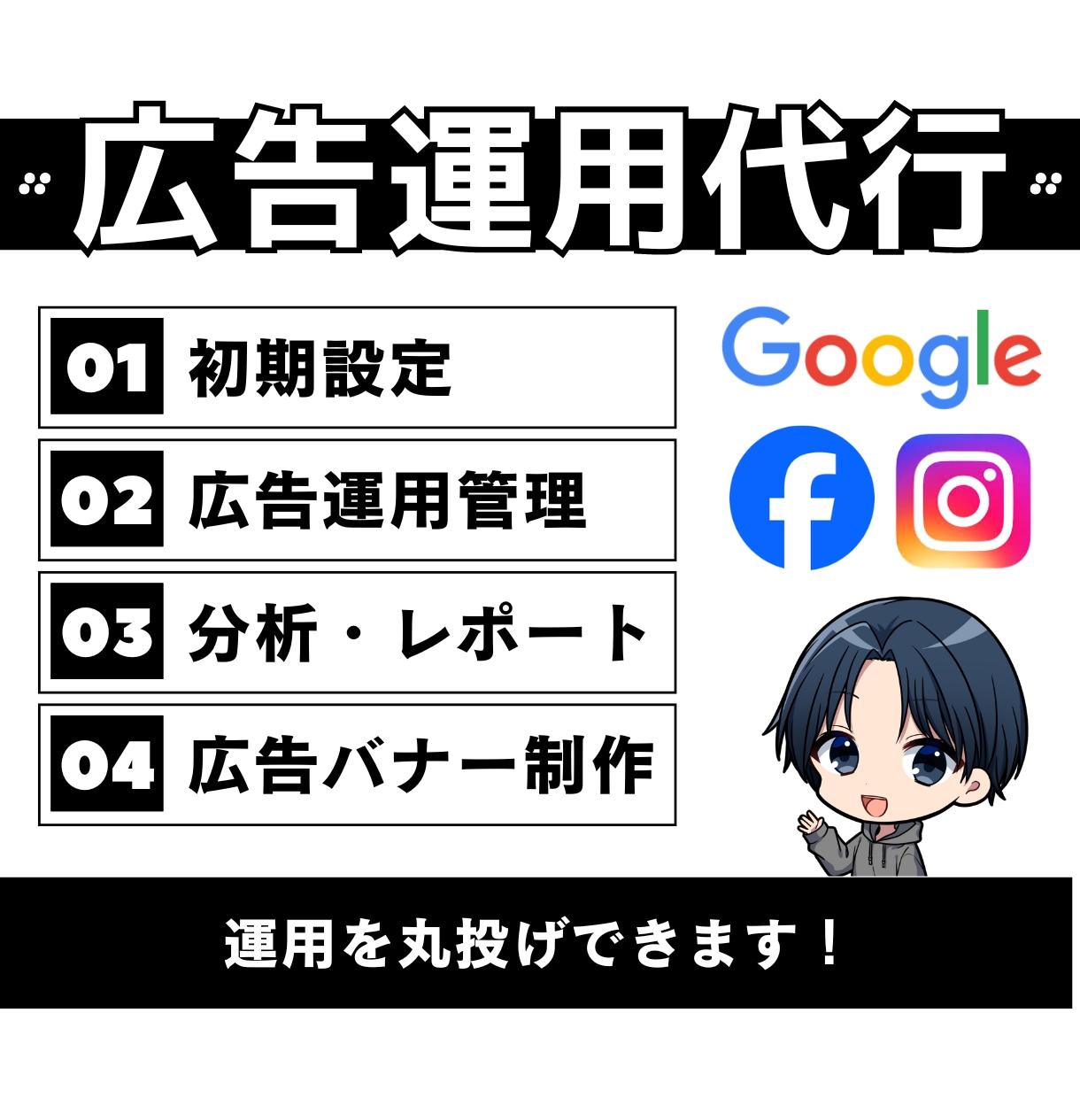 SNS広告やGoogle広告の運用で集客します 初期設定、運用、レポーティングまで一気通貫で対応するので安心 イメージ1