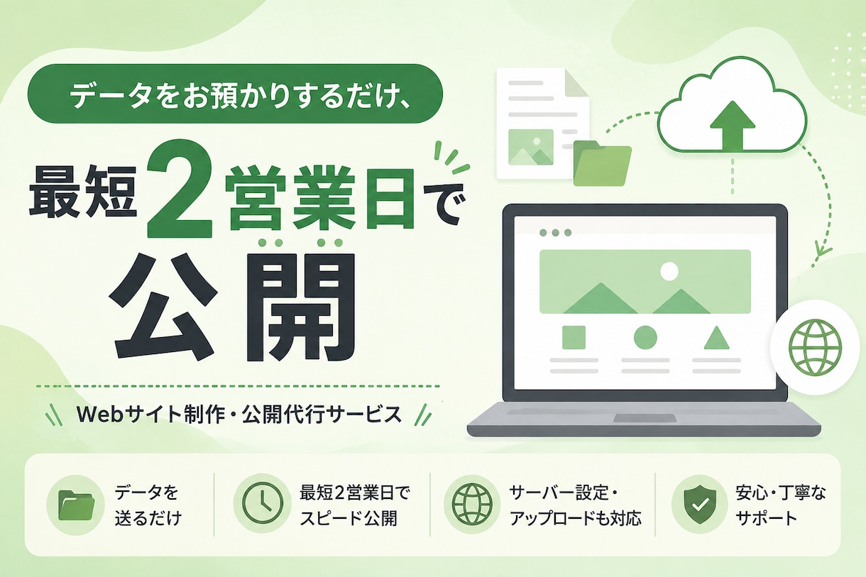 面倒なサーバー・ドメイン設定を丸ごと代行いたします １年間のサイト利用料込み！データをお預かりするだけで即公開！ イメージ1