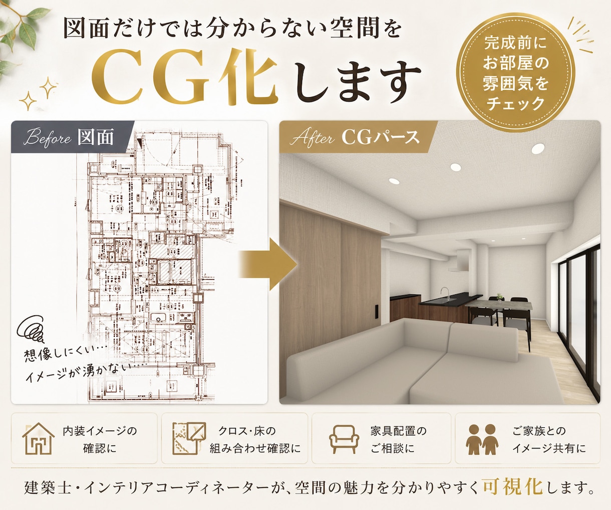 図面だけでは分からない空間をCGパース化します 完成前にお部屋の雰囲気をチェック イメージ1