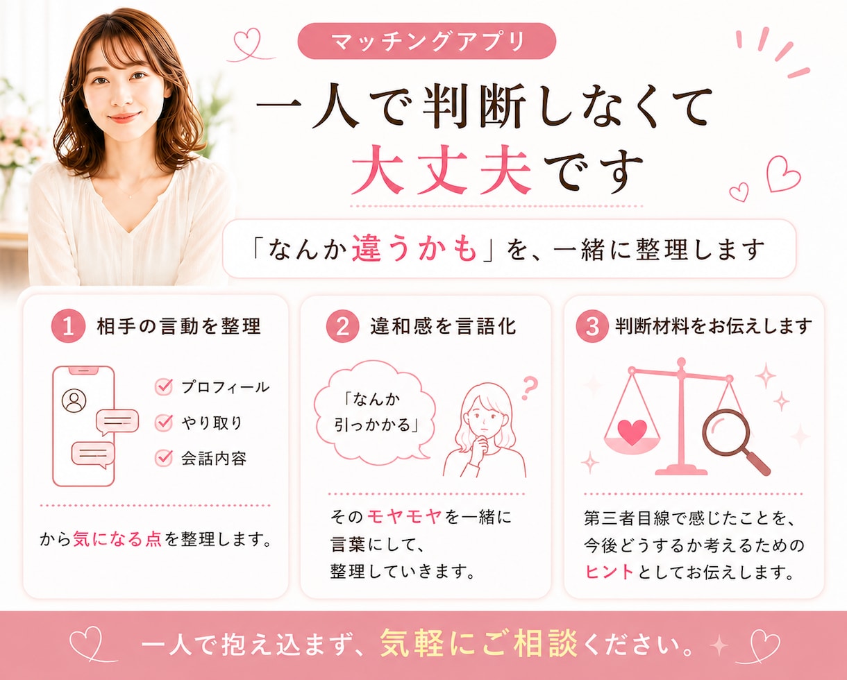 マッチングアプリ｜この人どうなの？を見極めます 「なんか違うかも」を一人で抱えなくて大丈夫です イメージ4