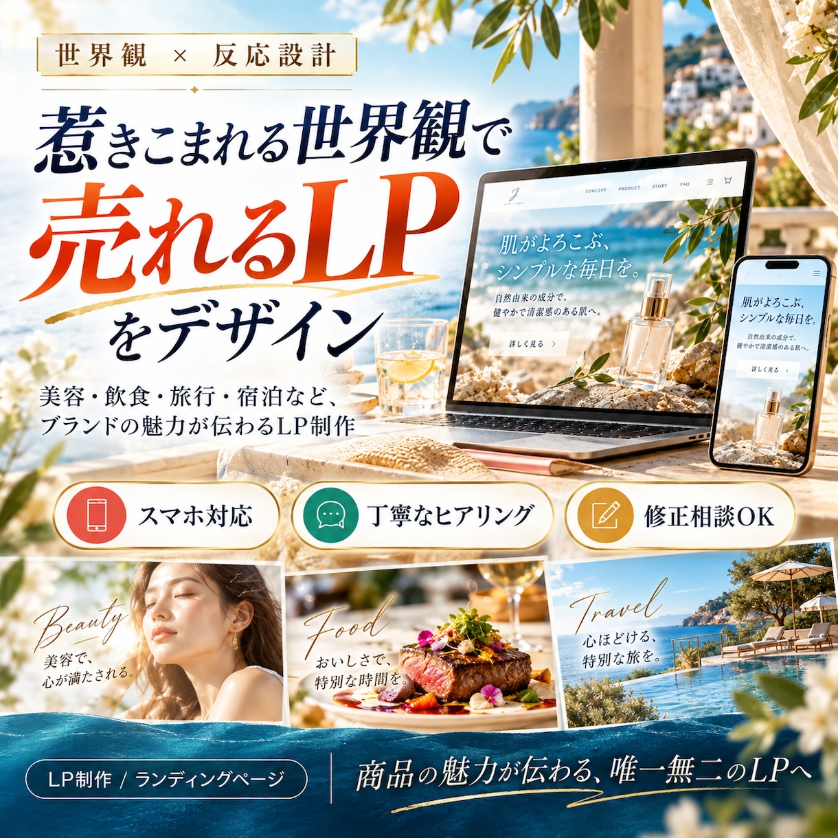商品やサービスの魅力が伝わるLPをデザインします 美容・飲食・旅行・宿泊など、世界観に合わせて丁寧に制作 イメージ1