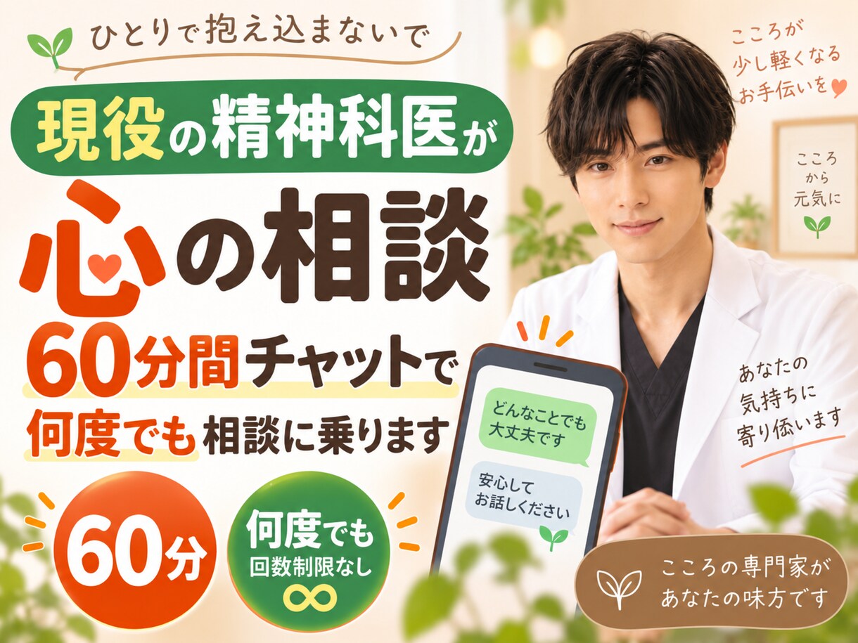 精神科医が悩みを60分チャットで何度でも聞きます 診察では話しきれない心の悩みも何度でも相談できます イメージ1