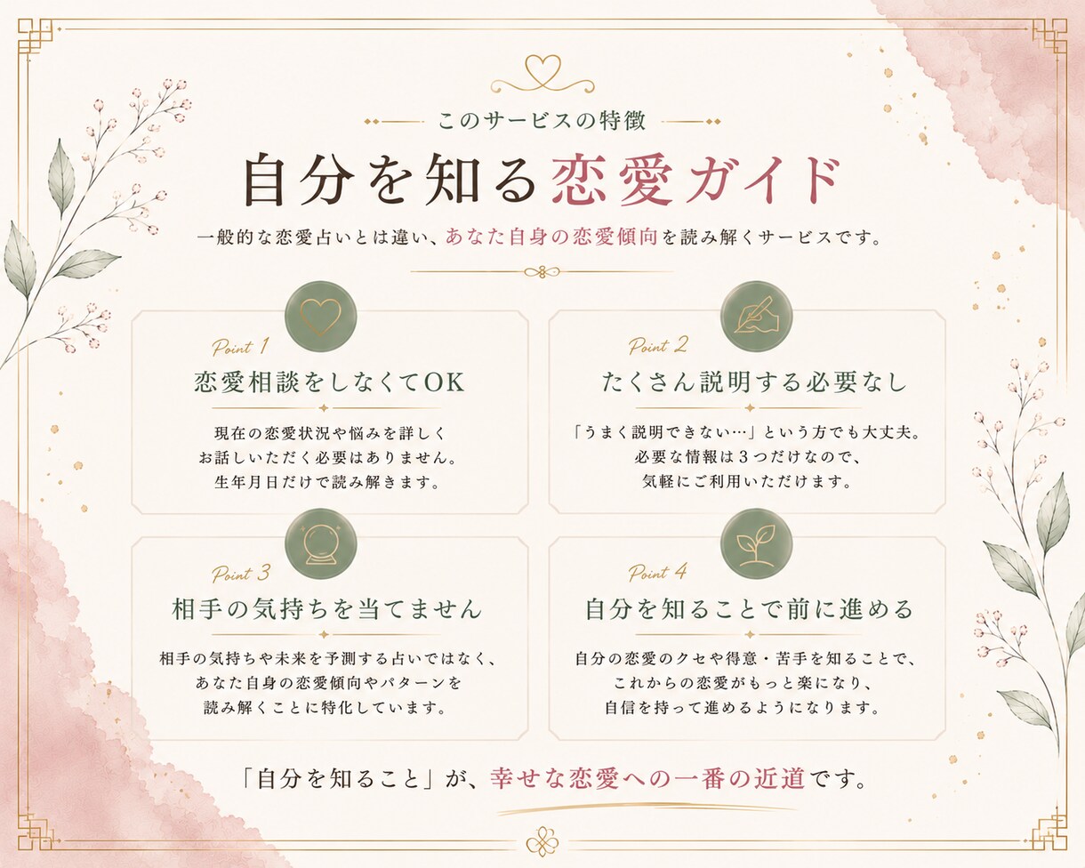 算命学|あなたの恋愛の取扱説明書を作ります 生年月日から、恋愛するときのあなたを5つの角度で読み解きます イメージ3