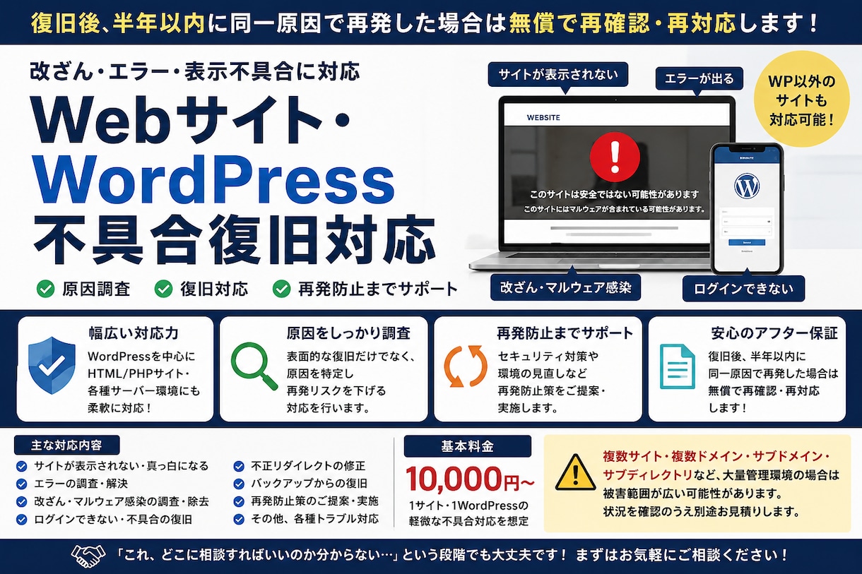 WEBサイトのハッキング・改ざんトラブル復旧します ハッキング・改ざん・マルウェア感染・各種トラブルに対応 イメージ1