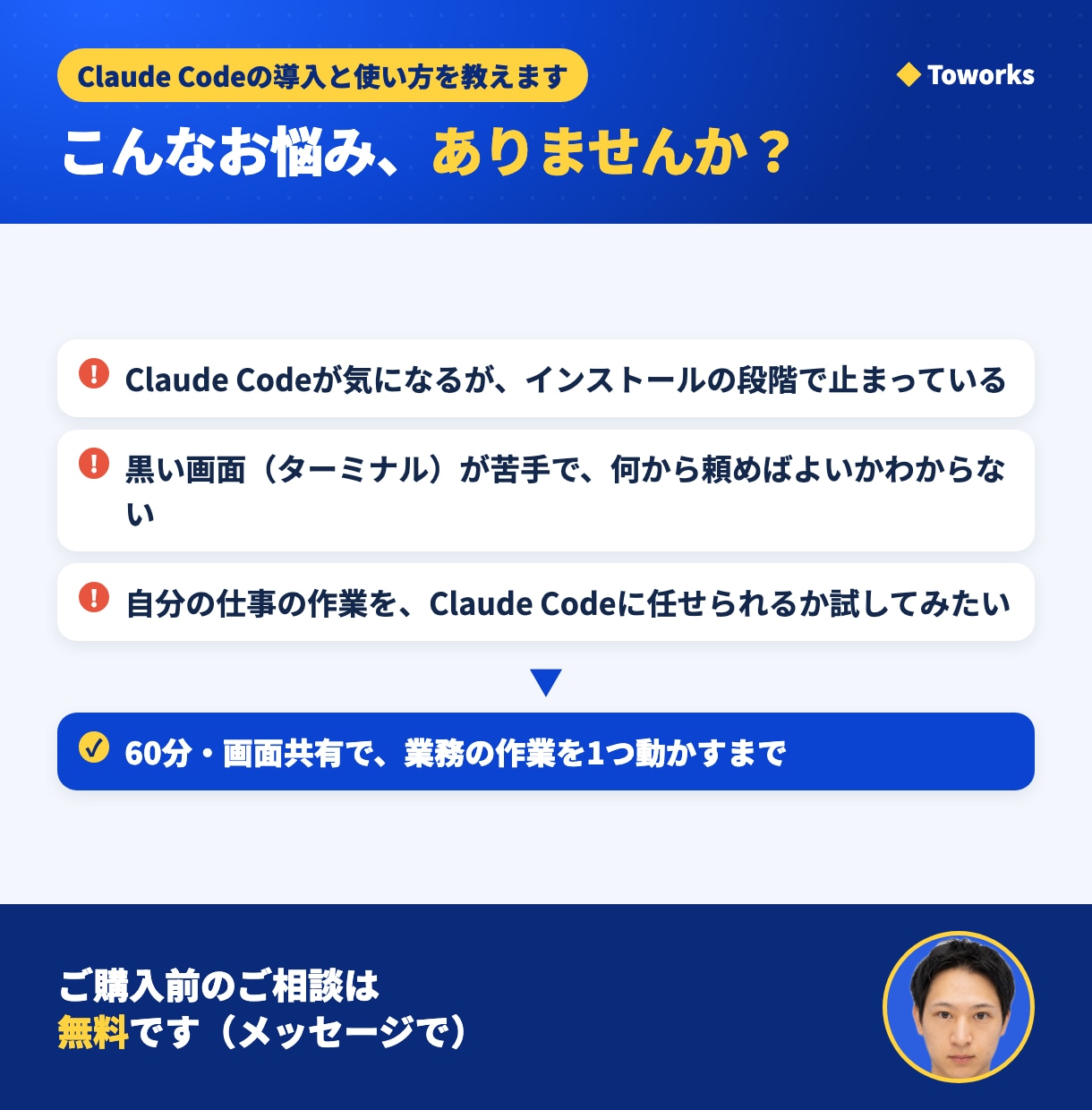 Claude Codeの導入と使い方を教えます 60分・画面共有で、業務の作業を1つ動かすまで イメージ3