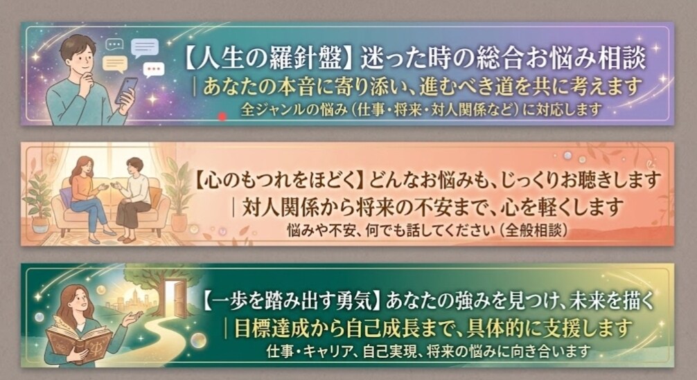身近な人に言えないモヤモヤ・悩みを整理します 一人で抱え込んでいませんか？少し心が軽くなるヒントをお届け。 イメージ1