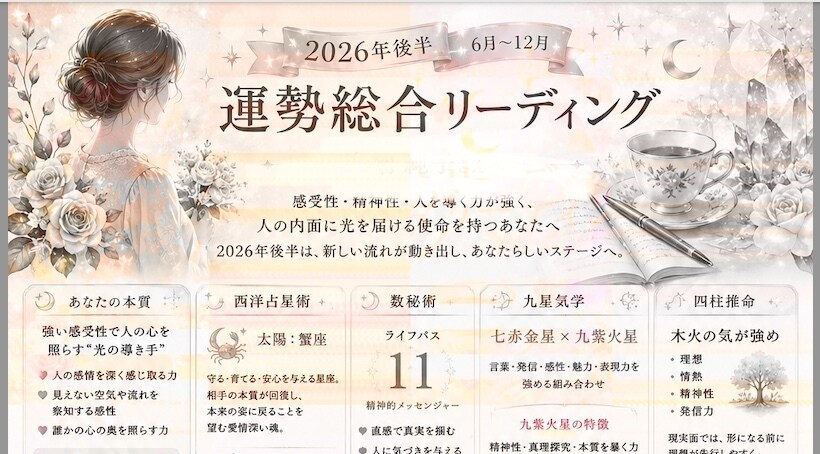 2026年後半 仕事・恋愛・金運を総合鑑定します 2026年後半、
どんな流れになっていきますか。 イメージ1