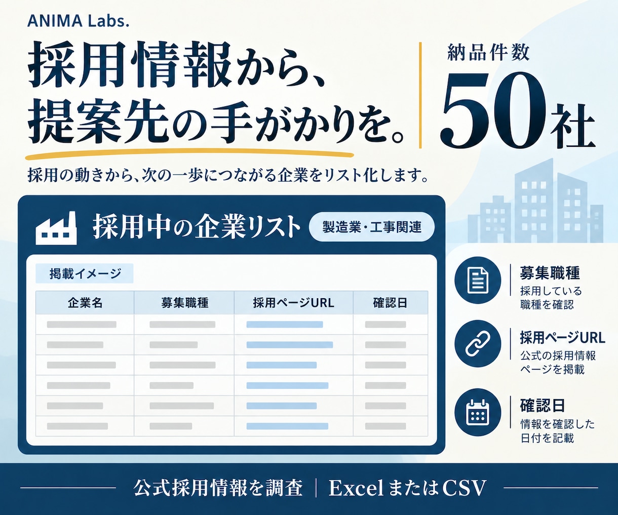 採用中の企業50社を根拠付きリストにします 製造業・工事会社の公式採用情報を調査・整理 イメージ1