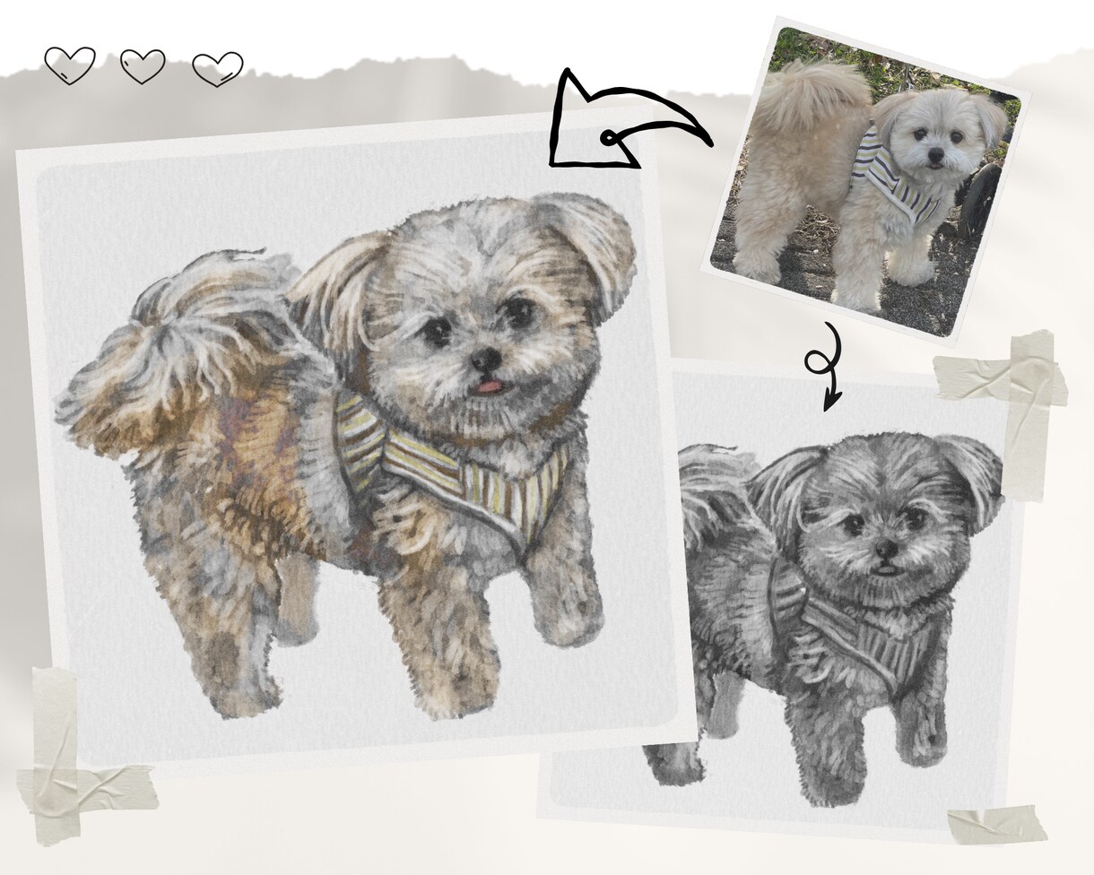 商用ok お写真から墨画/水彩画風の似顔絵描きます 複数人、わんこ・にゃんこ、背景描写も対応可 イメージ1