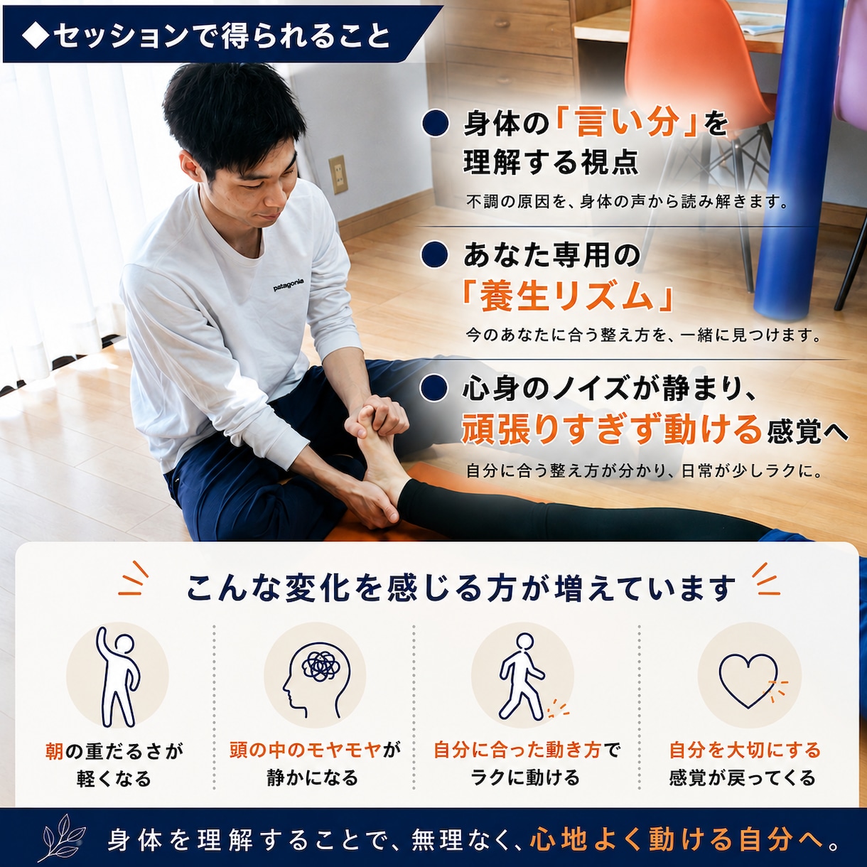 身体翻訳で、自分に合う整え方を見つけます 身体の声を翻訳し、整え方を見つけ、無理なく動ける状態へ。 イメージ2