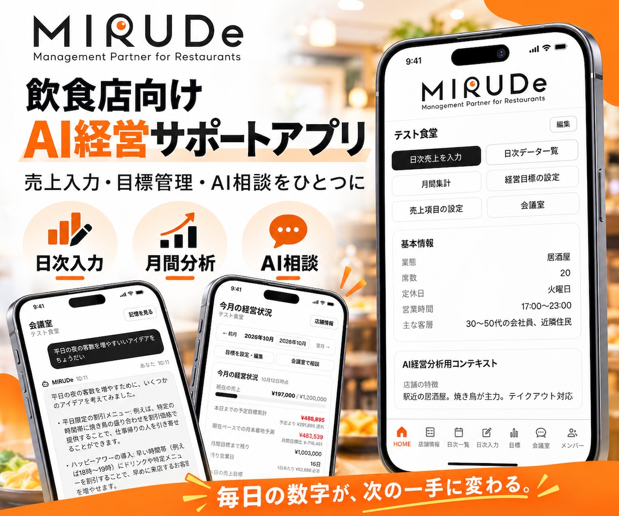 飲食店向けAI売上管理アプリを導入します 毎日の売上入力からAI分析・経営相談までまとめてサポート イメージ1