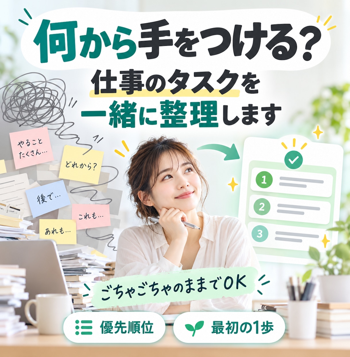 何から手をつける？仕事のタスクを一緒に整理します ごちゃごちゃのままでOK。優先順位をつけ最初の1歩を決めます イメージ1
