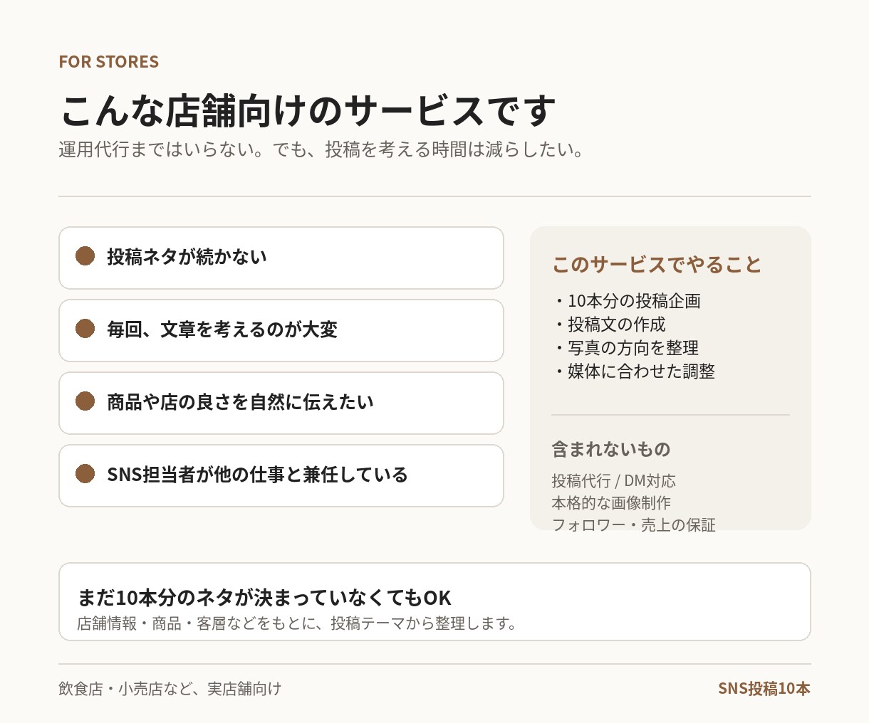 店舗向けSNS投稿文を10本作成します 飲食店・小売店向け｜投稿ネタ・文章・写真案までまとめます イメージ3