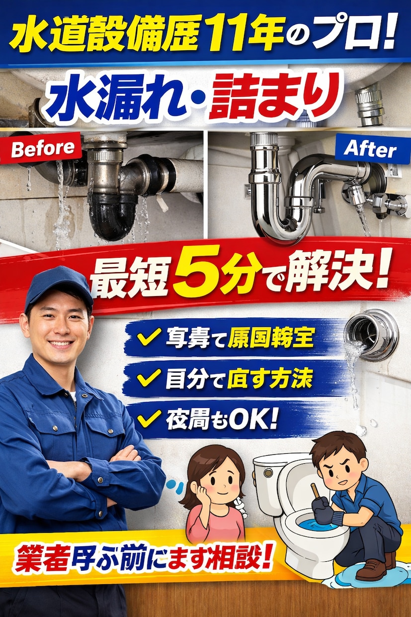 水漏れ・詰まり・DIY配管の悩みを解決します 「業者を呼ぶ前に！水漏れ・詰まりをプロが即解決」 イメージ1