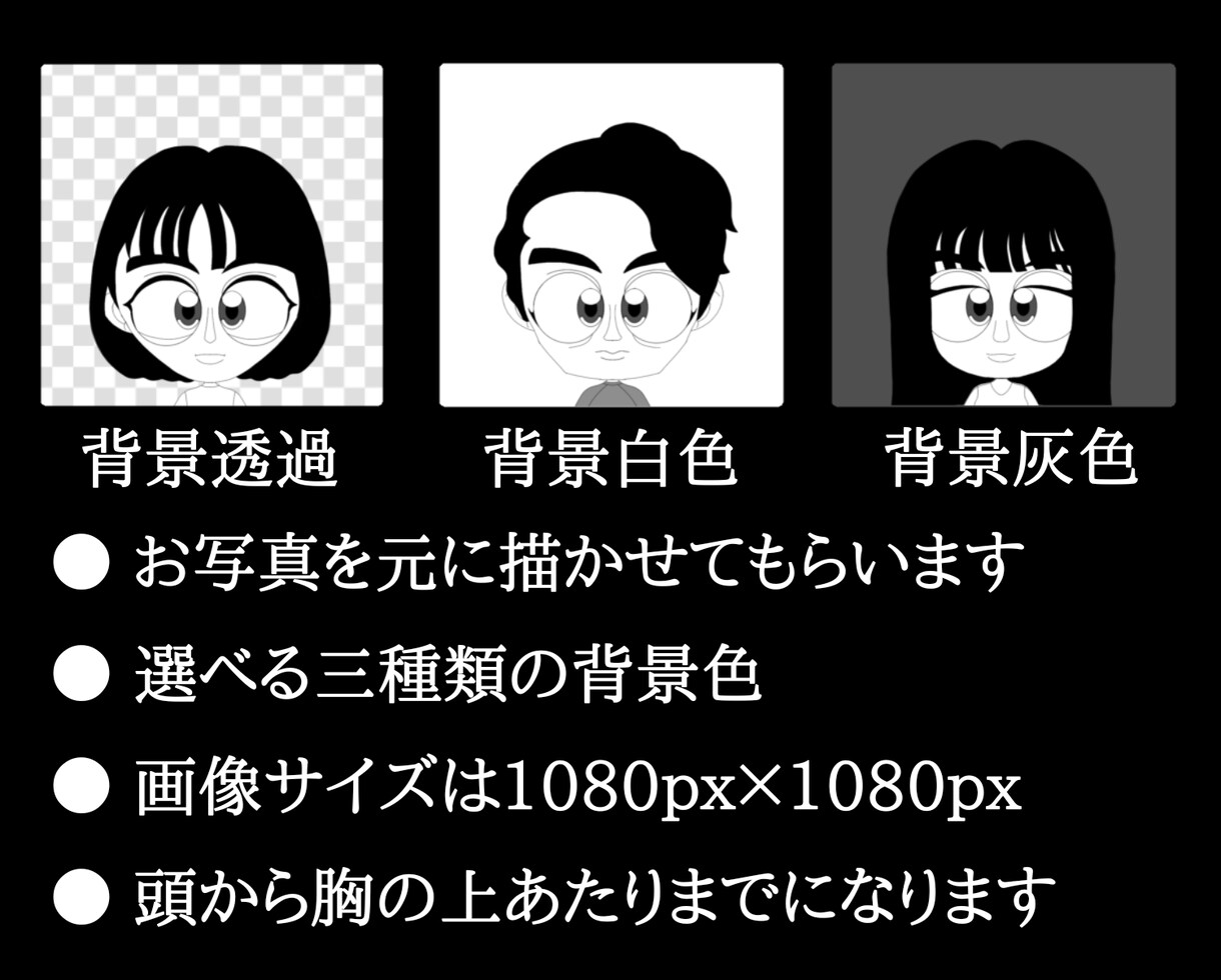 お写真を元にデフォルメモノクロ似顔絵をお描きします ＳＮＳ用のアイコンやプロフィール画像などにご利用下さい イメージ2