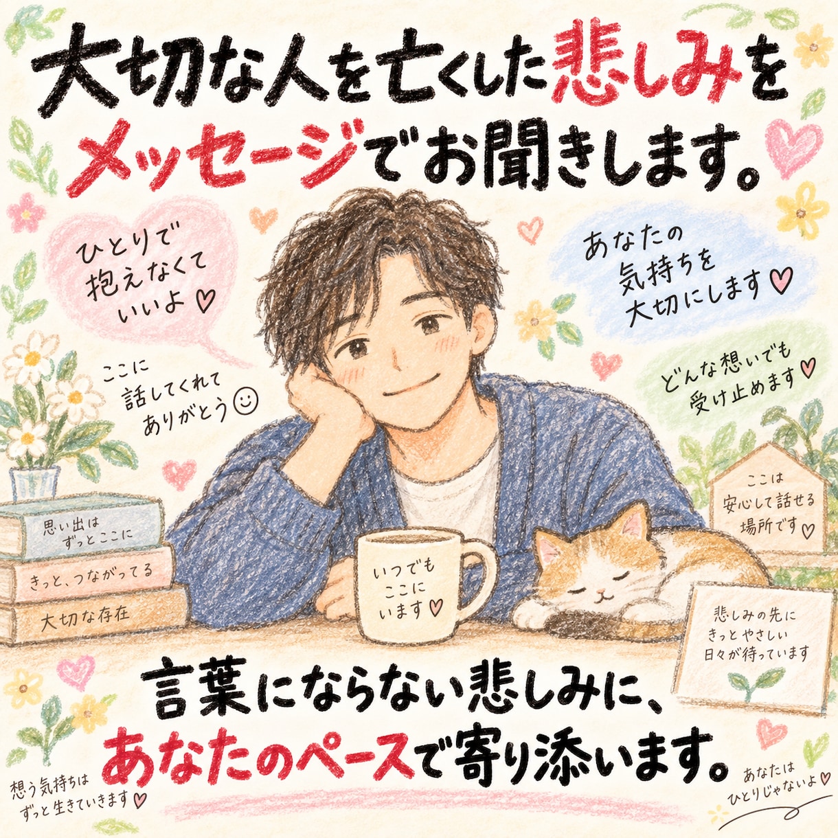 大切な人を亡くした悲しみをメッセージでお聞きします 言葉にならない悲しみに、あなたのペースで寄り添います。 イメージ1