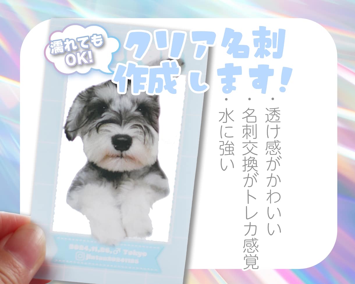 ペットちゃんのクリア名刺を制作します オリジナルデザイン★透明クリア名刺／イベントでの交換に イメージ1