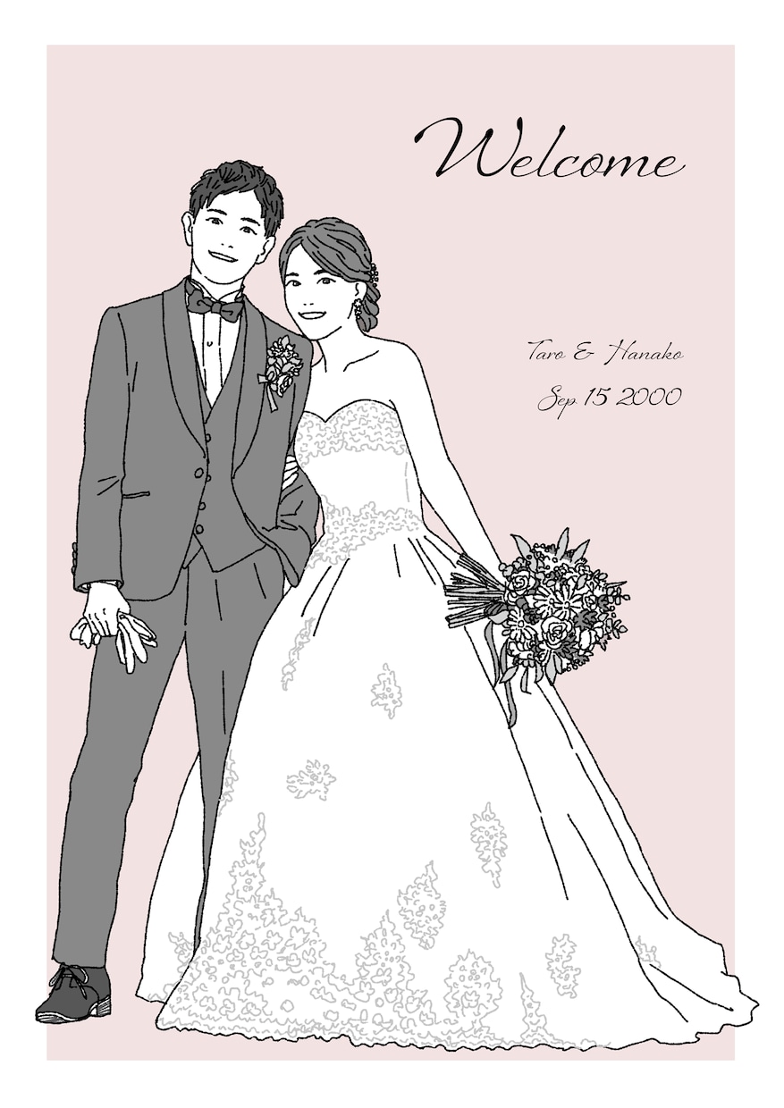 シンプルで優しい雰囲気のウェルカムボード制作します 味わいのある手描きの似顔絵イラスト・水彩風カラーにも変更可能 イメージ7