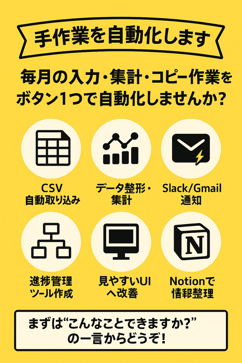 初回半額！GASで業務自動化｜作業時間を削減します CSV取り込み、通知、進捗管理まで業務の手作業を効率化します イメージ1
