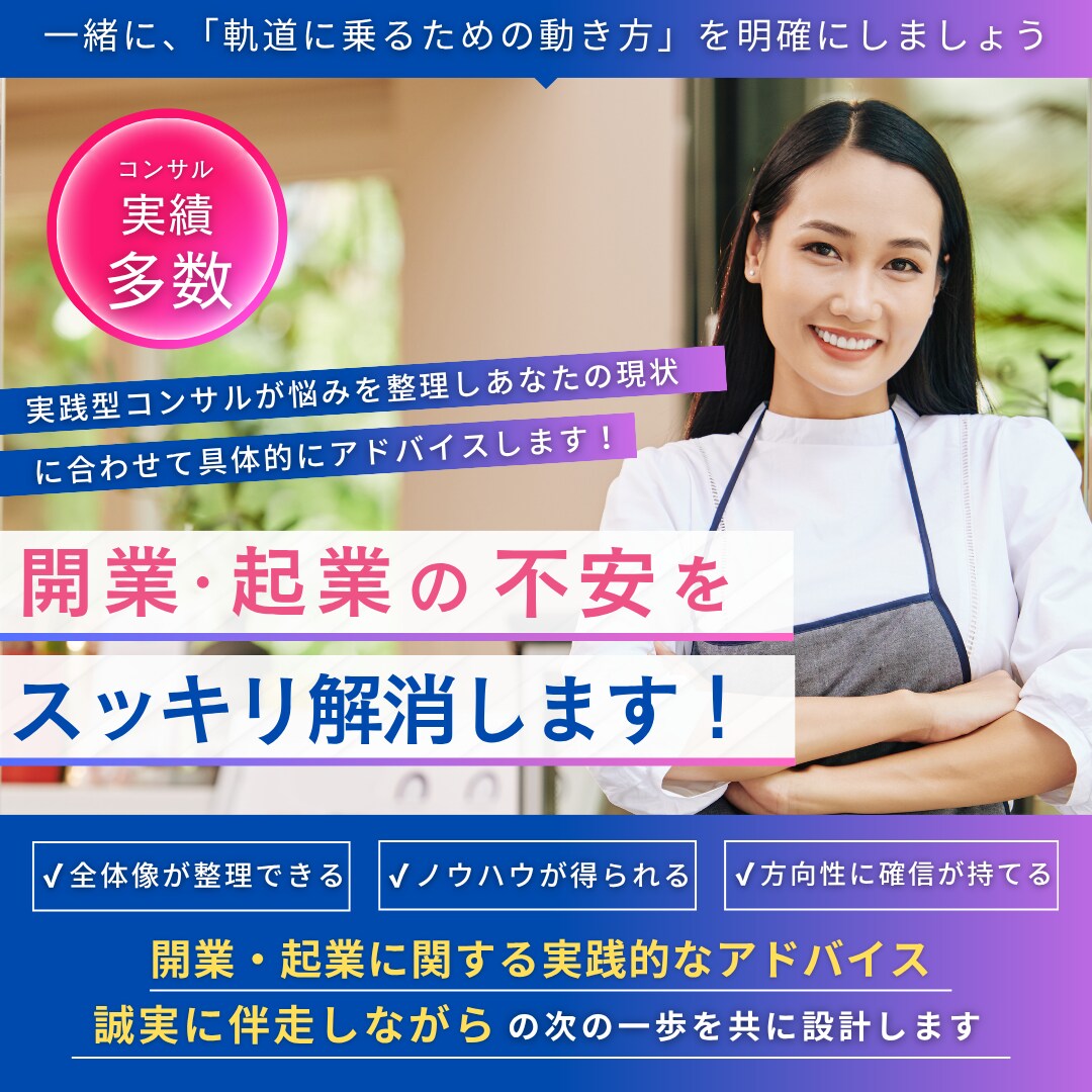 開業・起業の不安をスッキリ解消！悩みを整理します 実践型コンサルが悩みを整理し次の一歩を一緒に設計します イメージ1