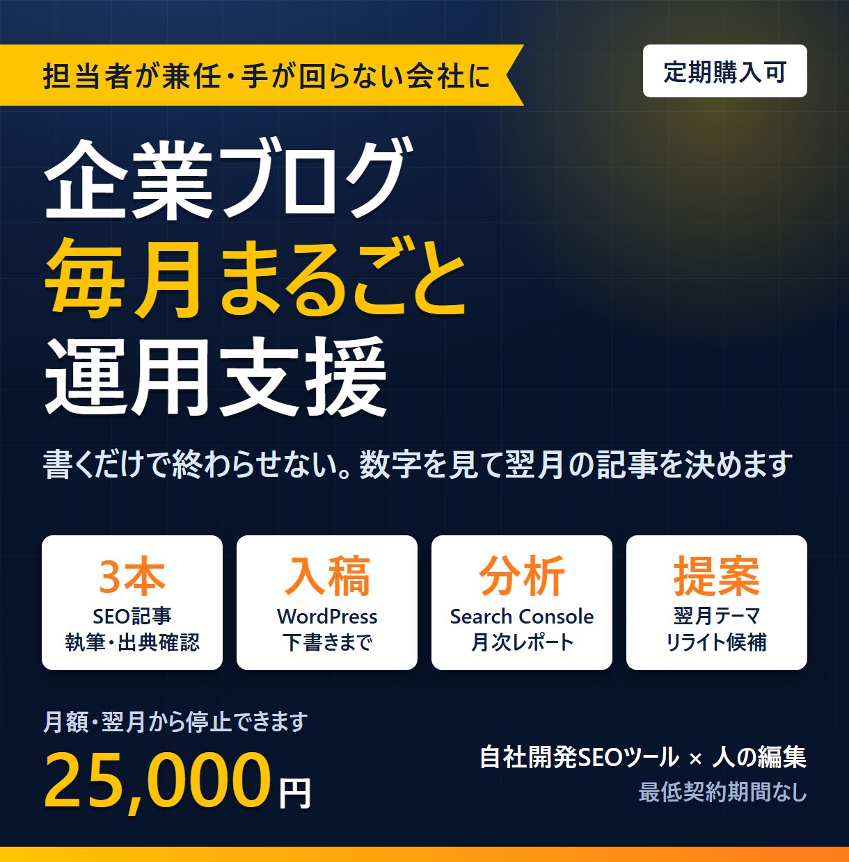 企業ブログの運用を月3本から継続支援します 毎月：記事3本＋WP入稿＋アクセス分析と改善提案 イメージ1