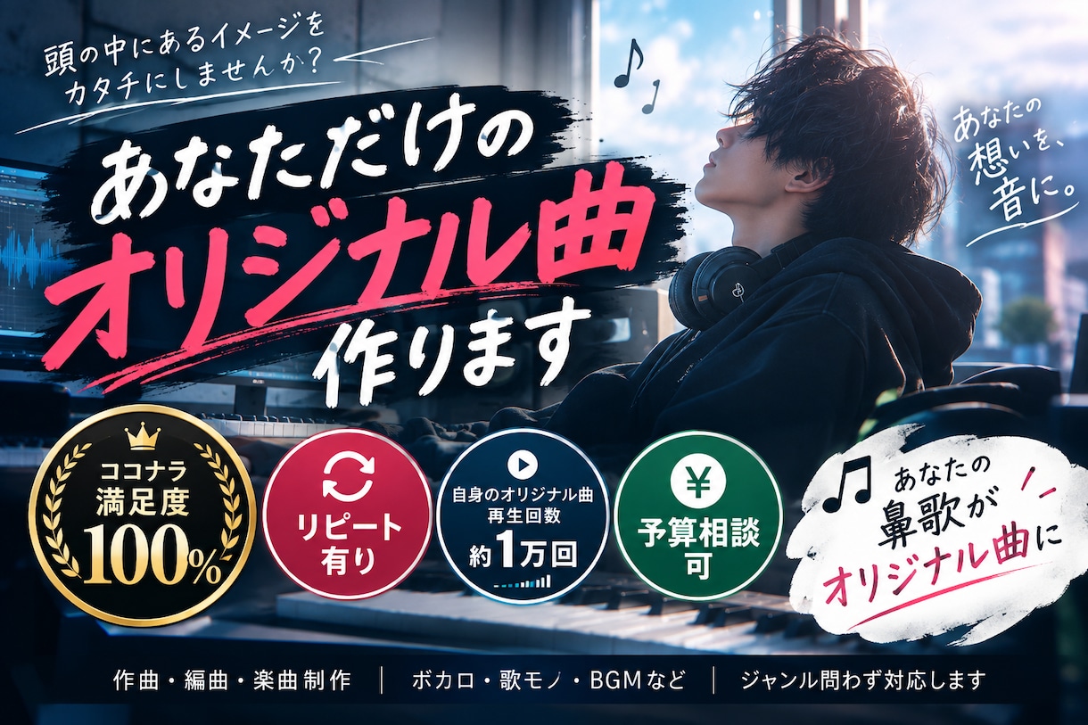 鼻歌が楽曲に！あなただけのオリジナル曲を作ります 頭の中のイメージを、そのまま音楽に！予算相談可！ イメージ1