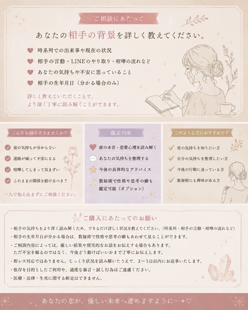 彼の本音が分からず苦しい時に読み解きます 背景まで丁寧に読み解き、あなただけの答えをお届けします。 イメージ2