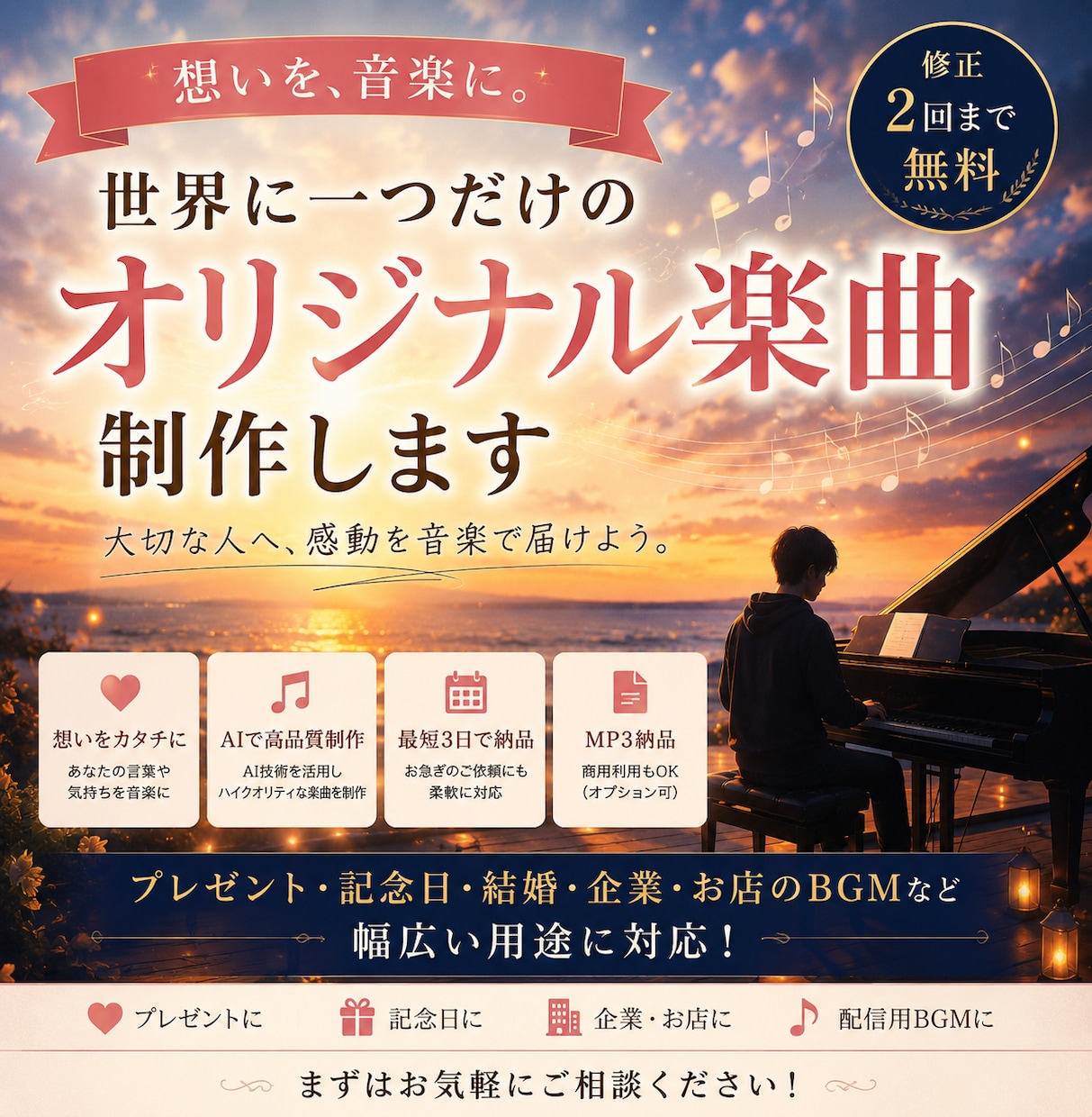 想いを音楽にした曲を制作します 恋人・友達・企業向けも対応可能 イメージ1