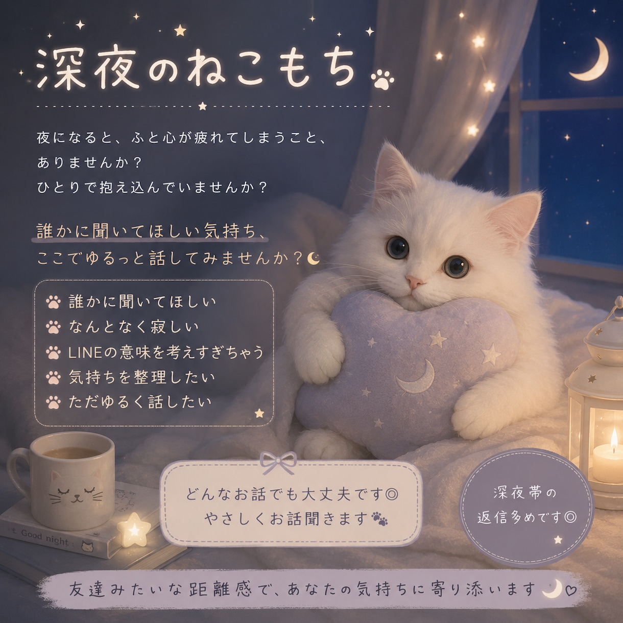 ひとりで抱えた気持ち、ゆるく聞きます 恋愛・人間関係・なんとなく寂しい夜にも◎ イメージ1