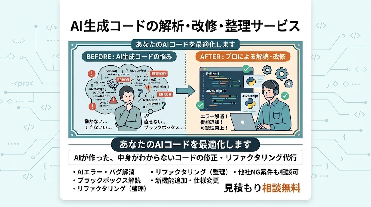 AI生成コードのシステムの改修・整理します ⁠指示しても直らないAIコード、プロが綺麗に整えて解決 イメージ1
