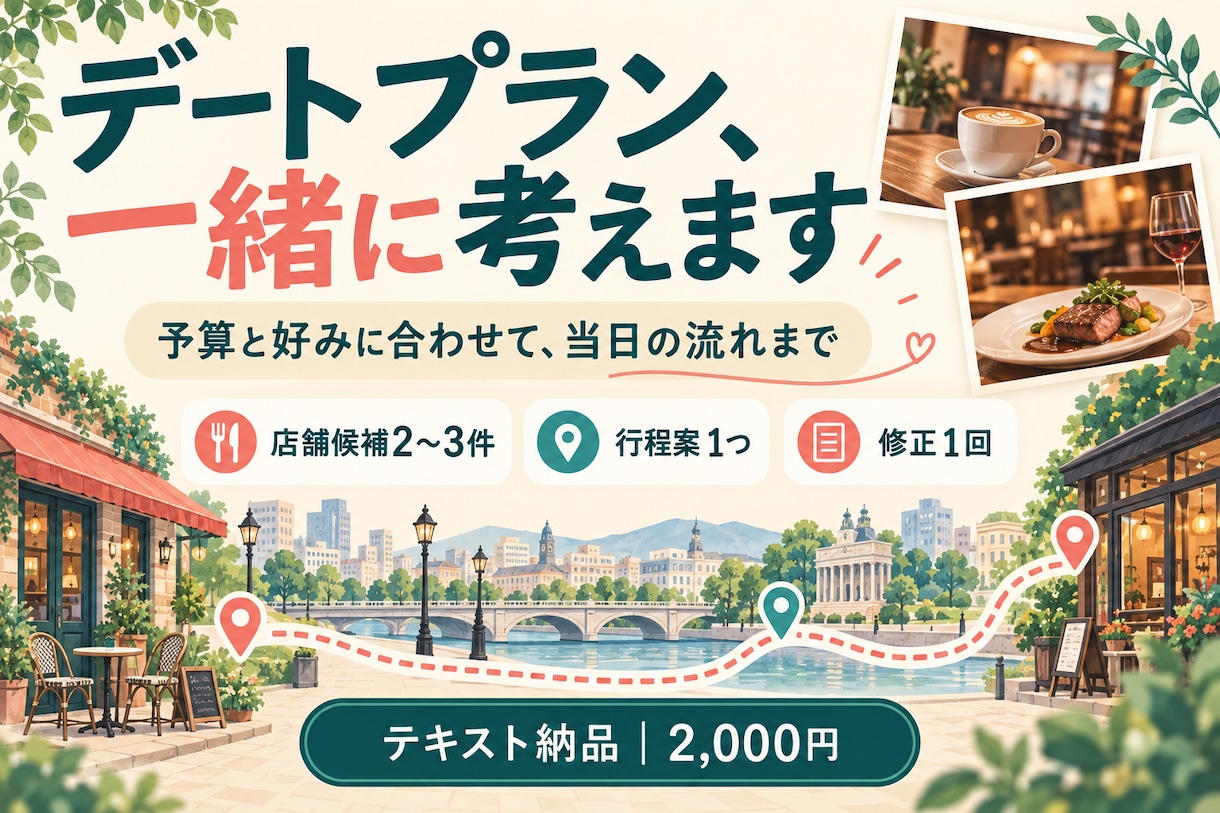 予算と好みに合わせたデートプランを考えます 店舗候補と当日の流れをテキストで提案｜修正１回付き イメージ1