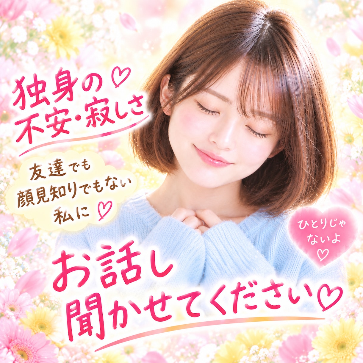 独身の不安や寂しさ、私がお話しお聞き致します 誰にも言えない気持ちそっと聞かせてください イメージ1