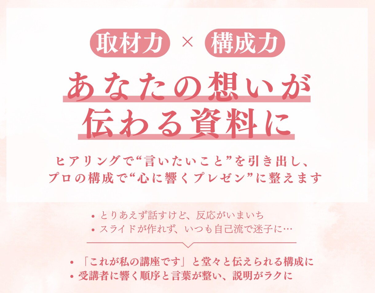 講座紹介など"伝えたい想い"を資料に整えます 「何を書く？」から一緒に。資料化をプロが作成！ イメージ4