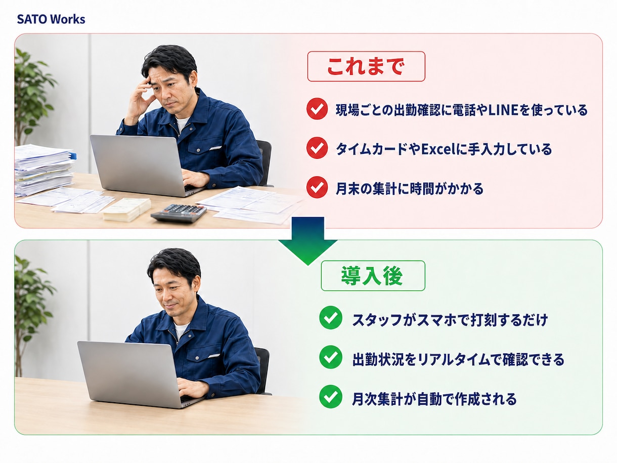 清掃・派遣業向け｜GPS対応の勤怠管理を導入します 現場に着かないと打刻できない。複数現場の勤怠をスマホで完結！ イメージ4