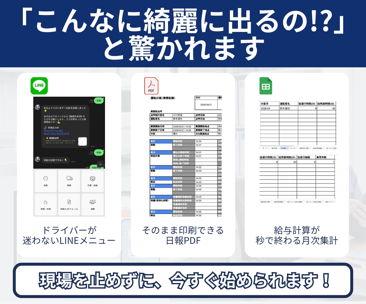 軽貨物の日報と点呼をLINEで自動化します 紙・Excel日報を脱却。現場に合わせた仕組みを構築します イメージ4