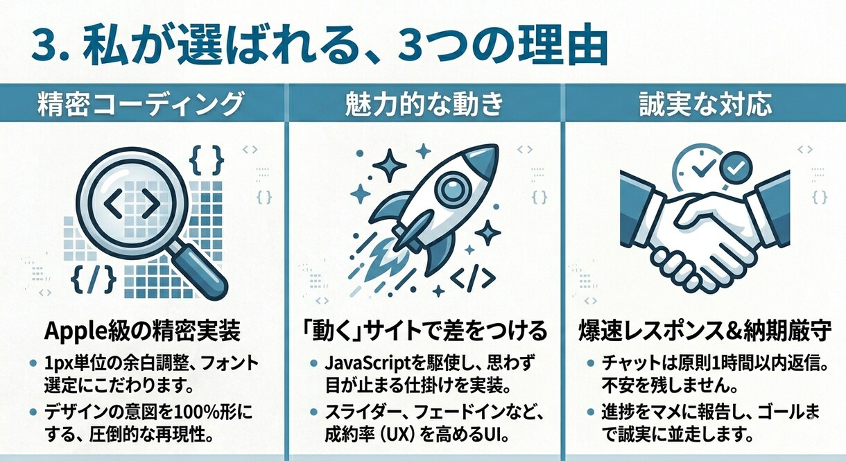 精密実装！動きのあるHP・スマホ対応制作します 1pxに拘る丁寧なコーディング。動く・売れるLPを即納します イメージ3
