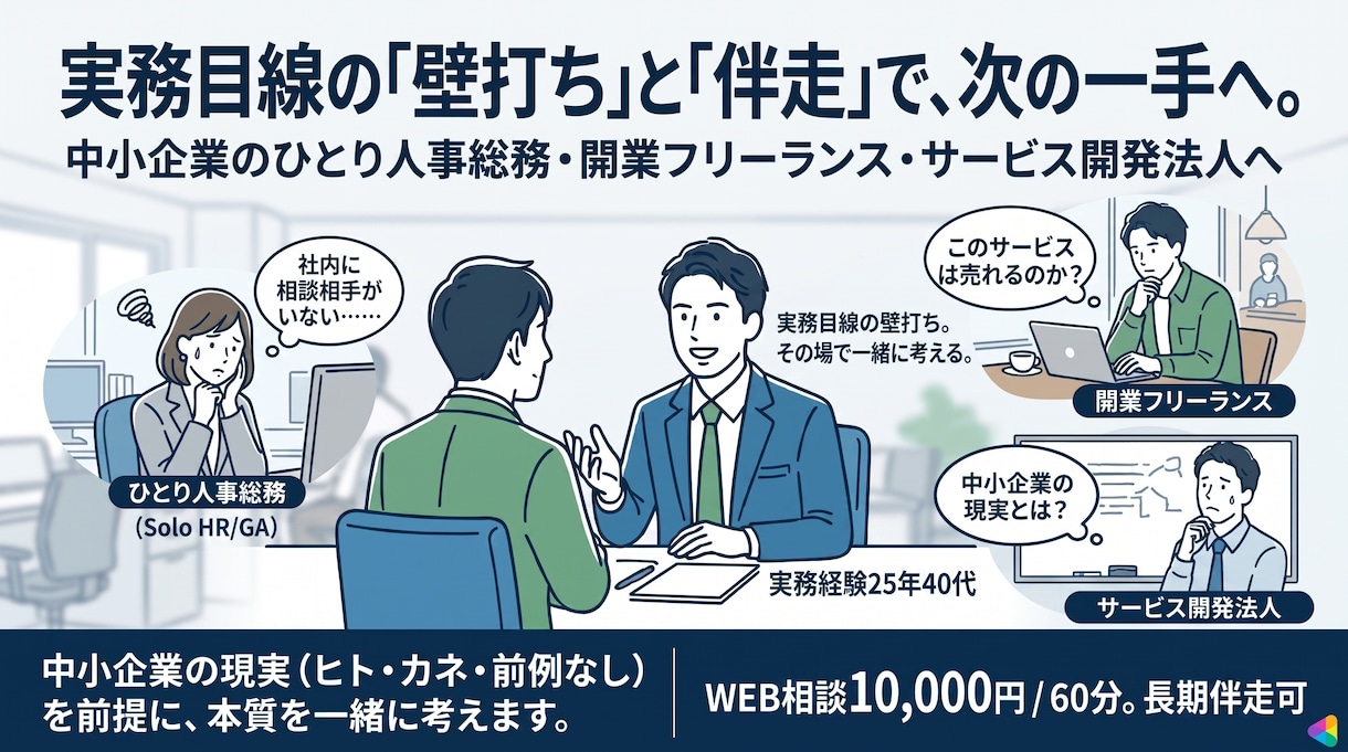 ひとり人事総務｜バックオフィスの悩み壁打ちします ひとりで決めてきた人間と、何から手をつけるかを決めます イメージ1