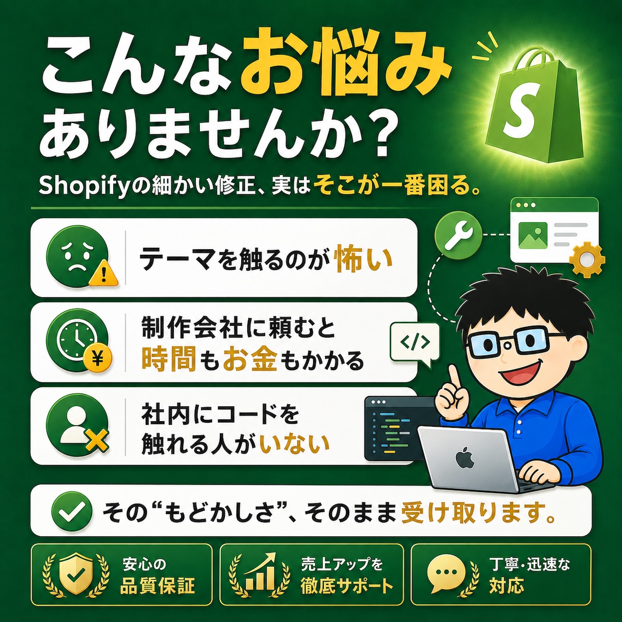 Shopifyの修正・カスタマイズ・機能追加します 依頼した翌日に、直っていてほしい。そんな方のための商品です。 イメージ2